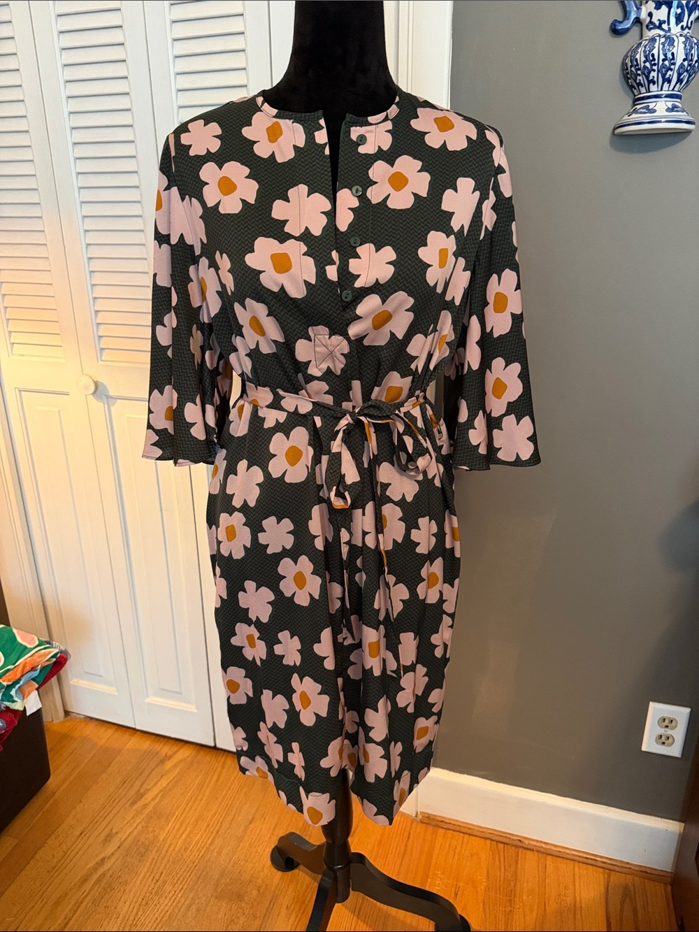 Dress Forum Black Floral Midi Dress with Pink & Yellow Accents